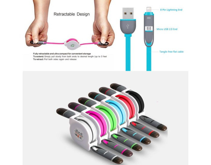 USB TO IPHONE CHARGER CABLE | MICRO (2 IN ONE) RETRACTABLE