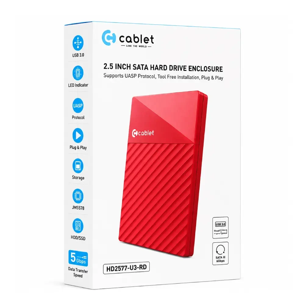 Cablet SSD Casing 2.5 Inch Sata Enclosure USB 3.0 Red