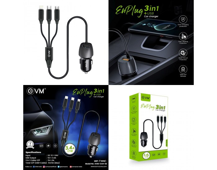 EVM USB CAR CHARGER 3 IN 1 (ENPLUG 3 IN 1) MICRO|TYPE C|IPHONE