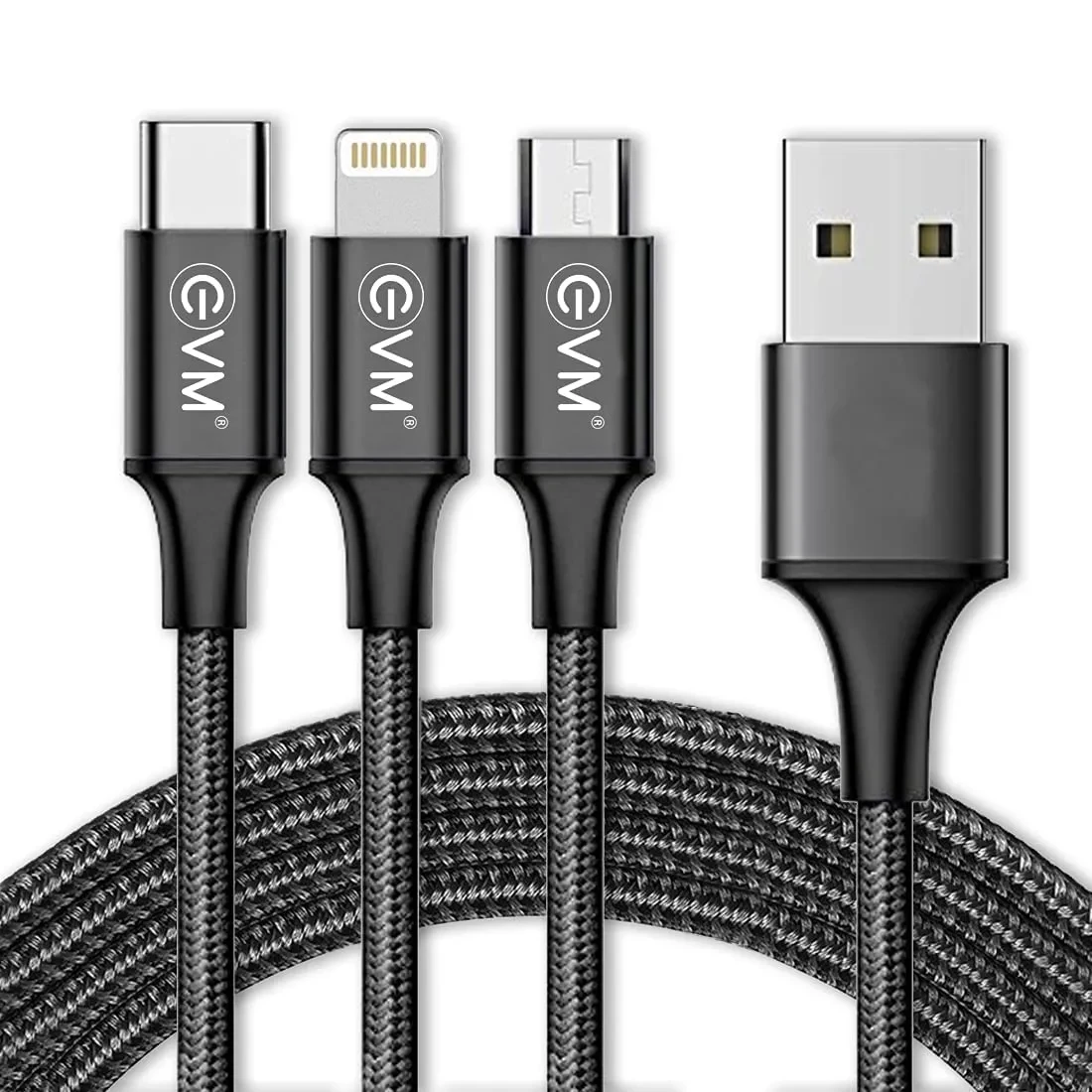 EVM Mobile Charging Cable (Metal Head Nylon Braided Cable) 3 in 1